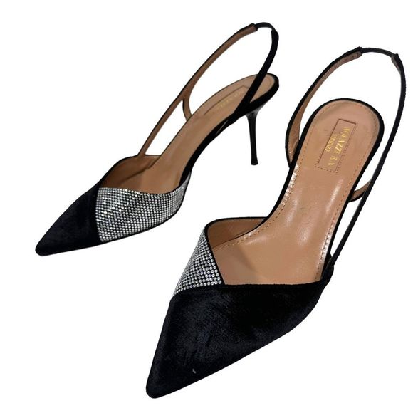 AQUAZZURA Salome Black Velvet & Crystal Slingback 3" Heel Size 37 - Picture 6 of 8